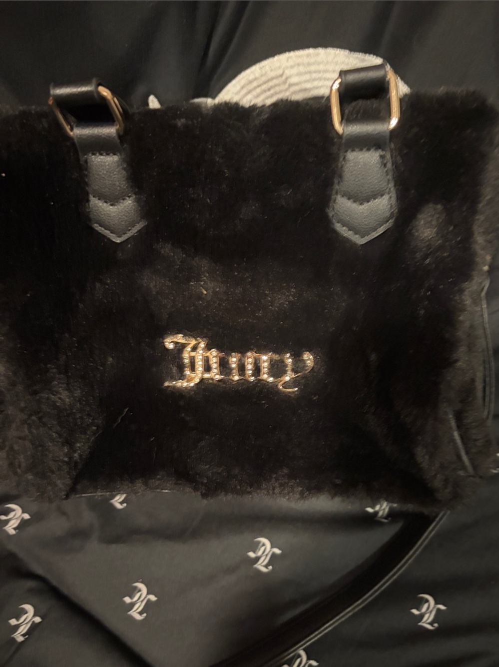 Juicy Couture Black Faux Fur Shoulder Bag with Gold Logo